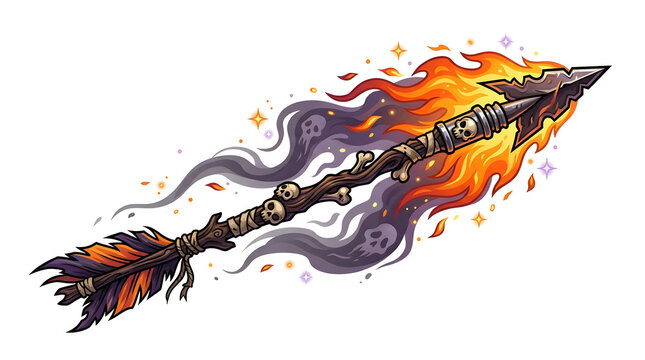 Flaming Arrow Flying with Dark Smoke Trail and Skulls Isolated on White Cartoon Illustration