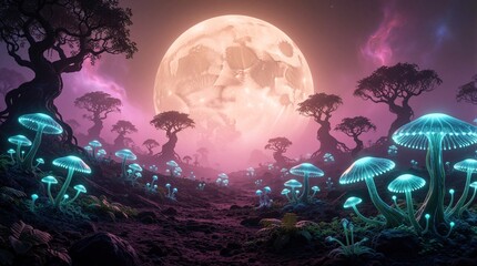 Fototapeta premium Bioluminescent mushrooms grow on alien planet surface under massive glowing moon. Fantasy landscape features strange flora, dark trees in cosmic nebula. Sci fi extraterrestrial environment with neon