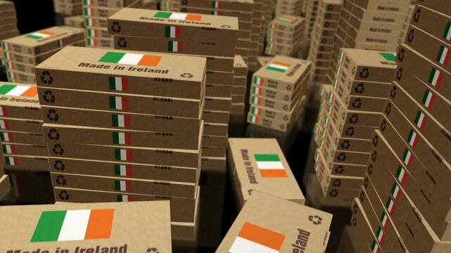 Made in Ireland box production line. Irish export import Cardboard pack factory. Abstract concept 3d loopable seamless.