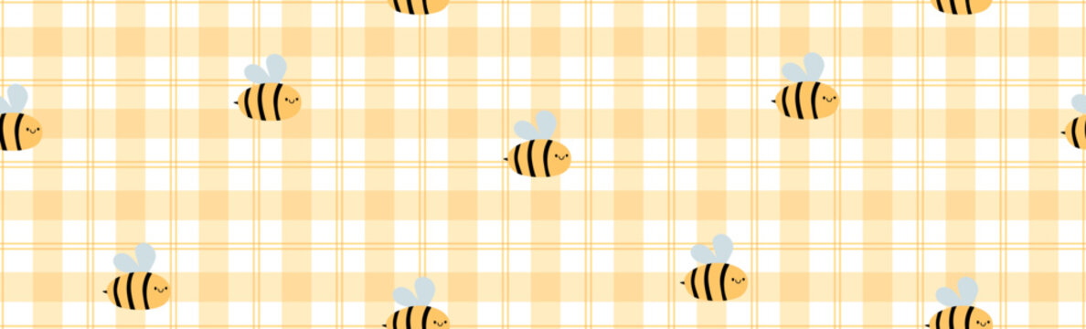 Vichy baby pattern. Cute girl style tartan print. Doodle check texture with honeybee. Vector flat illustration.
