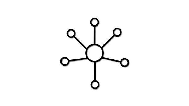 Black network node hub connection diagram icon representing data transfer server connectivity structure technology web communication system element isolated white background vector asset.a 4k video