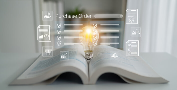 Digital transformation of business processes with purchase order management and light bulb symbol on open book depicting innovation and efficiency. Bitwise.