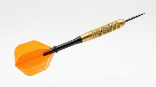 A single professional dart with a sharp metal tip and bright orange flight isolated on a clean white background