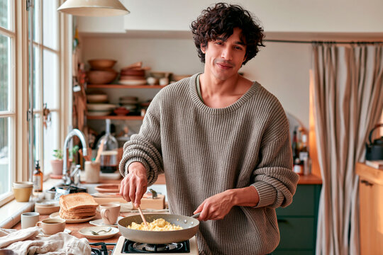Young man cooking scrambled eggs in a frying pan while preparing breakfast in a cozy home kitchen