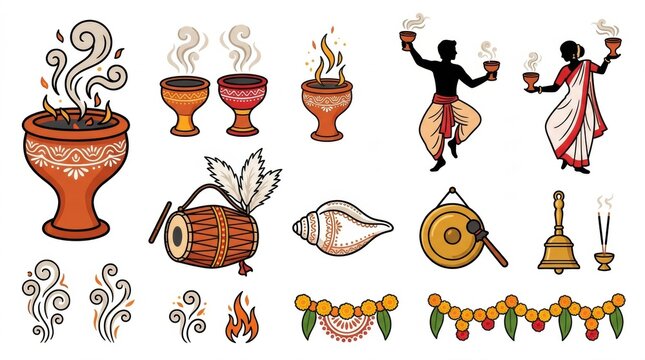 Collection of traditional indian cultural elements including incense burners dancers musical instruments and floral garlands for spiritual festival decoration