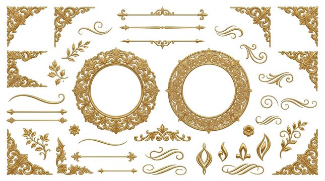 Set of elegant golden vintage floral frames and decorative border elements for luxury wedding invitations and classic stationery design