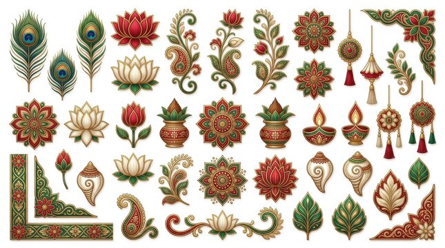 Set of decorative indian traditional floral elements and mandala patterns for festive design isolated on white background collection