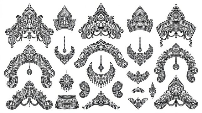 A collection of intricate black and white vintage floral ornaments and decorative filigree design elements for artistic graphic projects