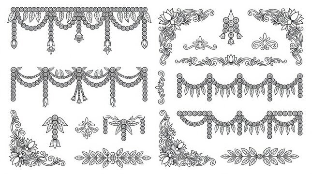 Set of vintage floral decorative borders and corner elements hand drawn in black ink on a white background