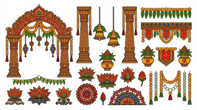 Set of traditional indian wedding decorative elements including floral arches pillars hanging lanterns and ornate marigold garlands on white