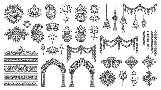 Set of hand drawn floral ornaments and decorative design elements for wedding invitations and elegant vintage style graphic projects
