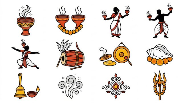 Collection of traditional indian cultural icons featuring musical instruments religious symbols and ceremonial objects in a colorful artistic style