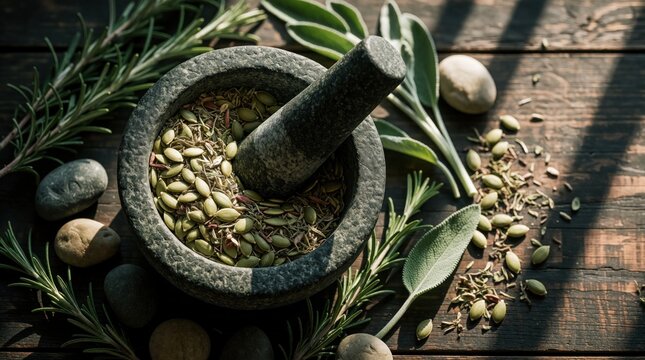 Stone mortar, pestle filled with organic seeds, dried herbs on dark wood. Fresh rosemary, sage leaves surround cooking ingredients. Natural spices for healthy food herbal medicine preparation in