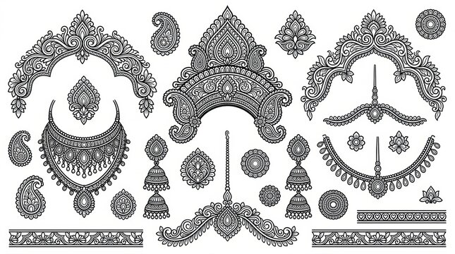 Set of intricate black and white vector ornaments featuring traditional thai floral patterns and decorative elements for artistic design projects