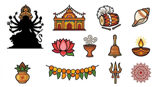 Collection of hand drawn illustrations representing hindu religious symbols and cultural icons for traditional indian festival decoration and design