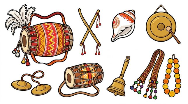 A collection of traditional indian musical instruments and religious items drawn in a colorful hand sketched watercolor art style