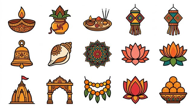 Set of colorful hand drawn traditional indian religious icons and symbols for hindu festival celebrations and cultural graphic design