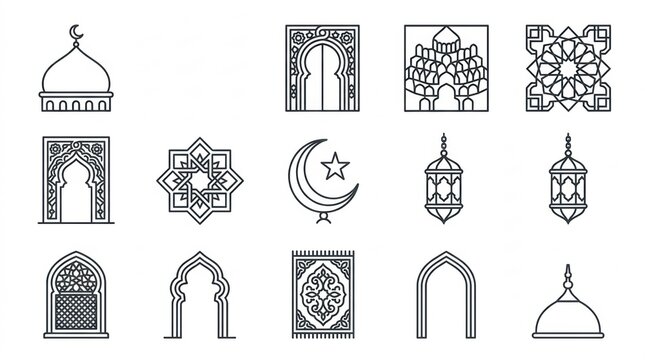 Set of hand drawn islamic architecture icons featuring mosque domes arches lanterns and traditional geometric patterns on white background