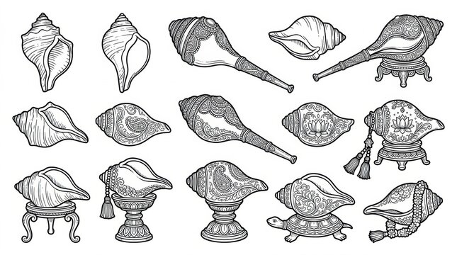 A collection of detailed hand drawn illustrations of various sea shells arranged in a grid on white background