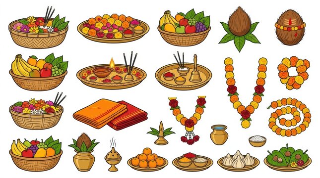 Collection of traditional indian festive elements including fruit baskets flower garlands sweets and religious offerings for cultural celebrations