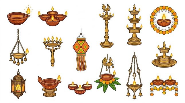 Collection of traditional indian brass oil lamps and decorative hanging lanterns isolated on a white background for festive decoration