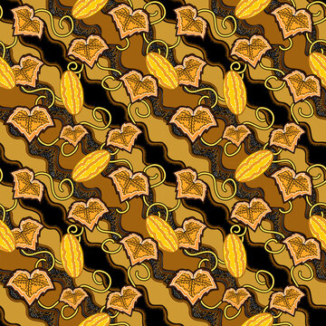 Traditional Indonesian seamless sogan batik pattern vector featuring diagonal golden leaf and fruit motifs on brown background.