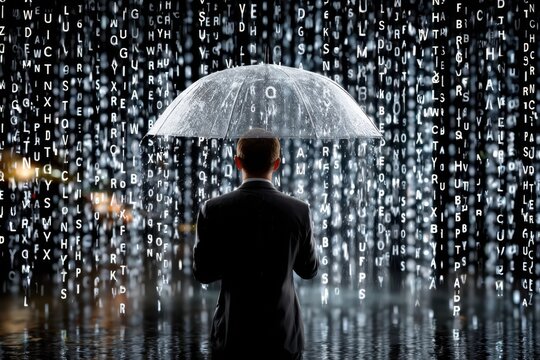 Man holding umbrella in rain surrounded by a digital code backdrop at night