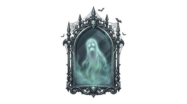 Ghostly Reflection in Ornate Gothic Mirror Frame, Halloween Illustration Isolated on White