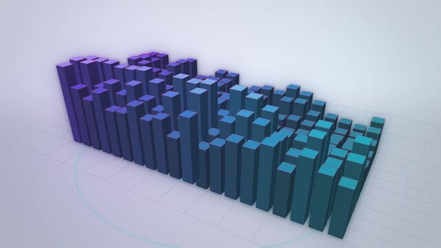 Violet and teal 3D equalizer blocks pulsing with bass drop on white