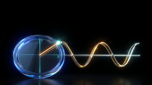 3D visualization of a glowing sine wave and unit circle illustrating trigonometric functions and wave physics on a black background
