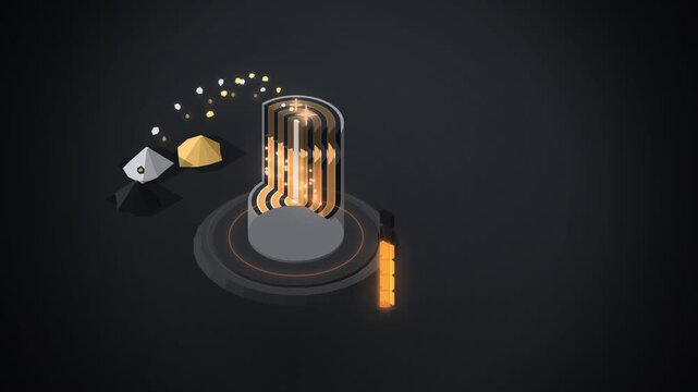 Isometric battery cell with orange glow and mineral heaps on gray