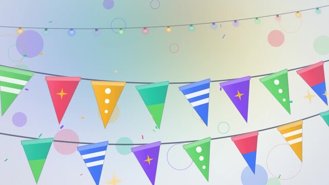 Close up colorful bunting flags with twinkling lights on white