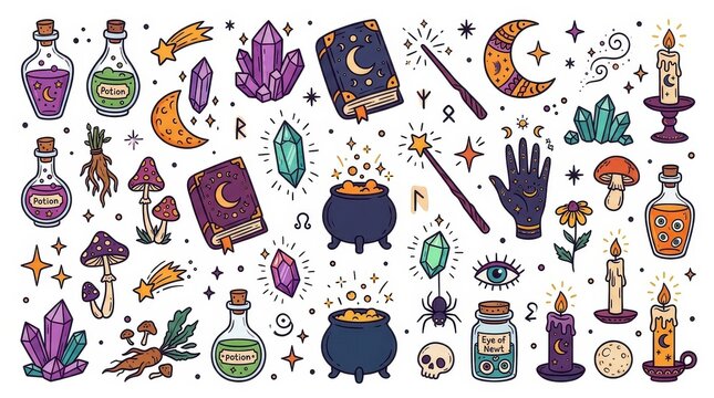 Witchcraft and Magic Doodle Vector Set with Potion Bottles, Crystals, Spell Books, Cauldrons, and Mystical Occult Elements Isolated on White