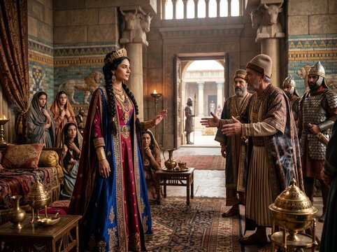 Vashti refuses the king and stands her ground in a grand setting filled with people