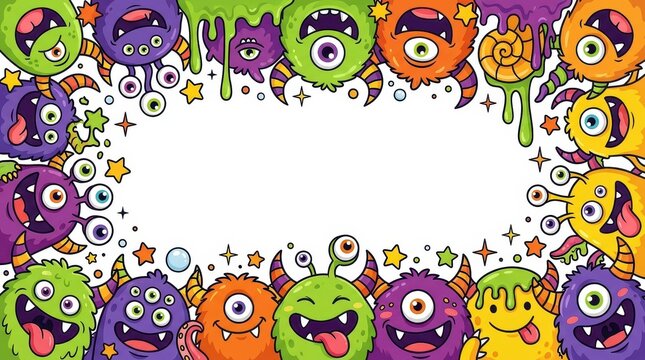 Colorful cartoon monster border frame with cute funny creatures and slime elements on a white background for kids party invitations and creative designs