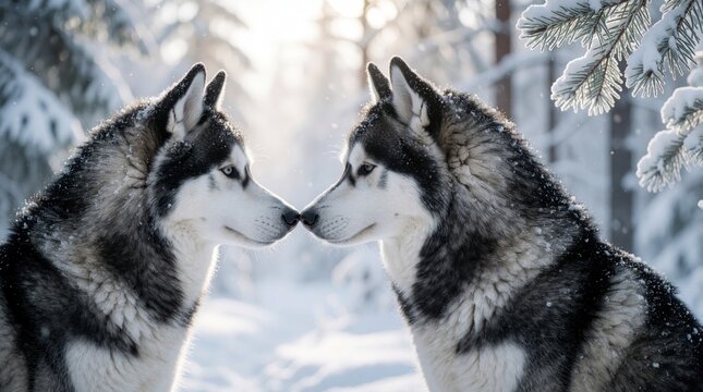 Two husky dogs touch noses in snowy forest. Siberian pets show love, companionship under soft winter light. Fluffy animals look at in cold woodland. Beautiful canine bond during frozen season with