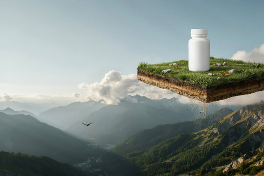 A white plastic supplement bottle standing on a floating grassy earth island above a vast mountain landscape background