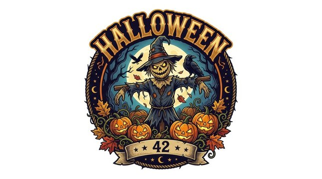 Vintage Halloween Badge Illustration Featuring a Spooky Scarecrow with Jack-o'-Lantern Pumpkins and Raven under a Full Moon