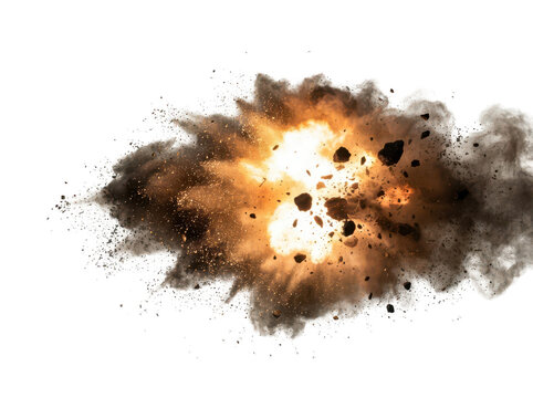 Dramatic explosion with fiery debris and smoke particles against transparent background for creative projects transparent background