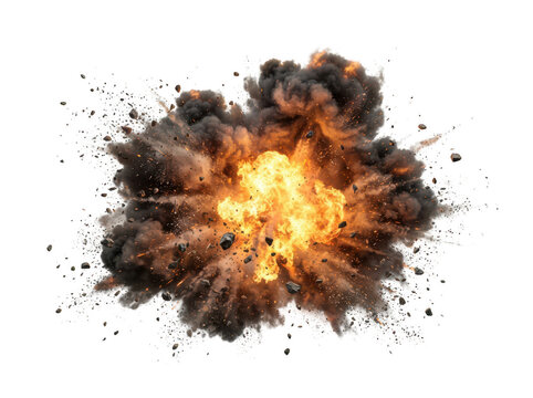 Dramatic explosion with intense flames and dark smoke cloud bursting outward in powerful energy transparent background