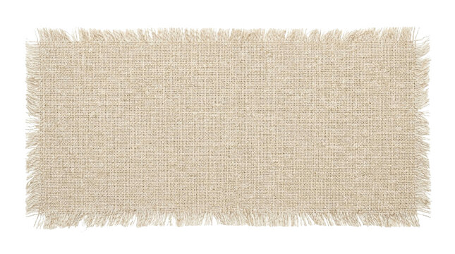 Rectangular piece of natural beige burlap fabric with frayed edges isolated on white background