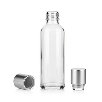 Clear glass bottle with metal cap and adapter