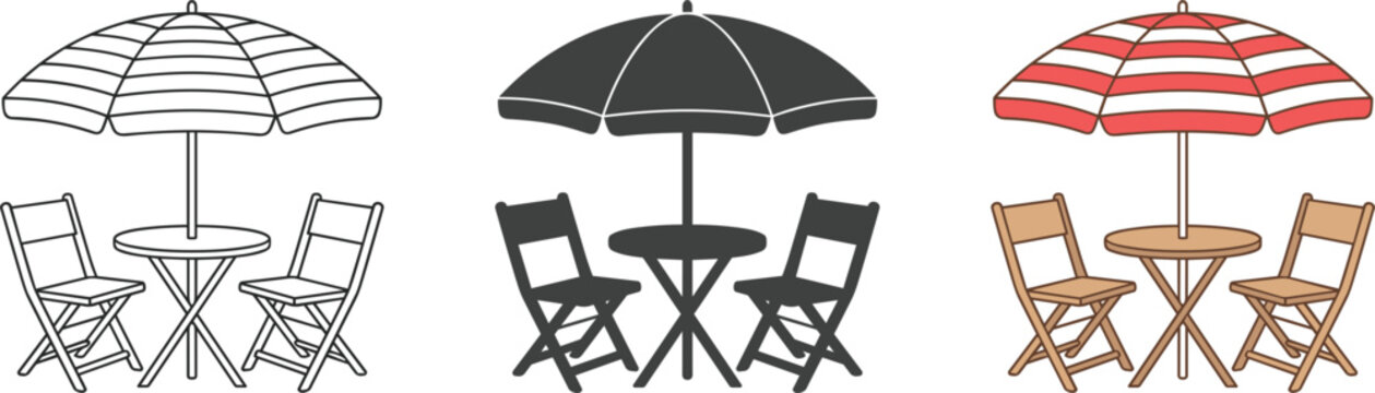Outdoor patio furniture set vector illustration featuring wooden folding chairs round table and striped beach umbrella in three styles