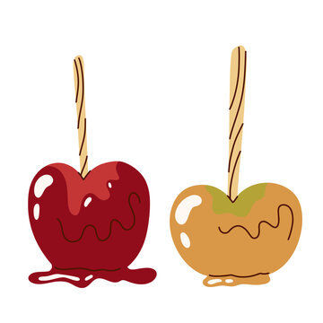 Red and Golden Candy Apples on Sticks with Glossy Sugar Coating, Sweet Autumn Fair Treat Illustration for Halloween Events, Fall Festivals, Bakery Packaging, Party Invitations and Seasonal Posters