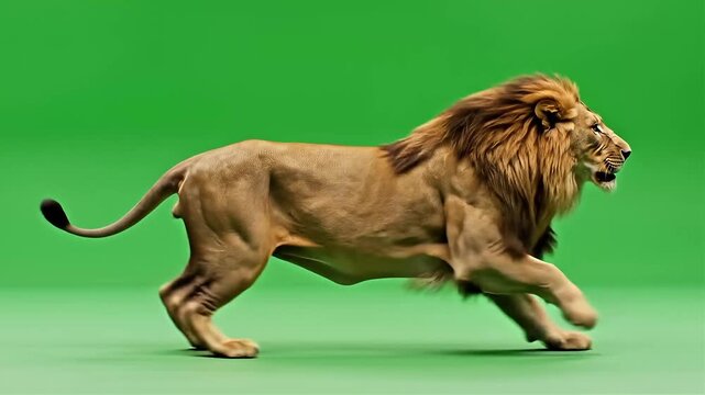 Majestic lion walking gracefully across a vibrant green screen during a cinematic studio shoot