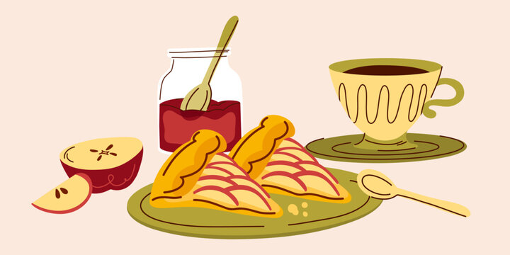 Apple Pie Slices Served on a Plate with a Cup of Tea and a Jar, Cozy Homemade Dessert Illustration for Autumn Recipes, Bakery Menus, Cafe Branding, Food Packaging and Kitchen Decor
