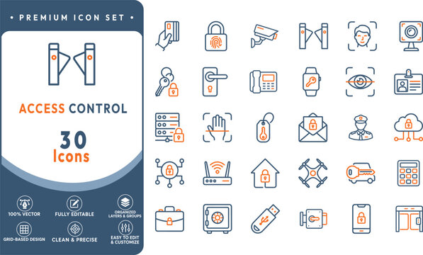 Access control and security system thin line vector icon set featuring biometrics, surveillance cameras, ID cards, locks, and digital protection symbols for modern interface design