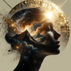 Fototapeta premium Surreal profile of woman with cosmic landscape inside head. Mountains, clouds, golden stars fill mind. Human silhouette blends with celestial space, galaxy energy. Spiritual concept of consciousness,