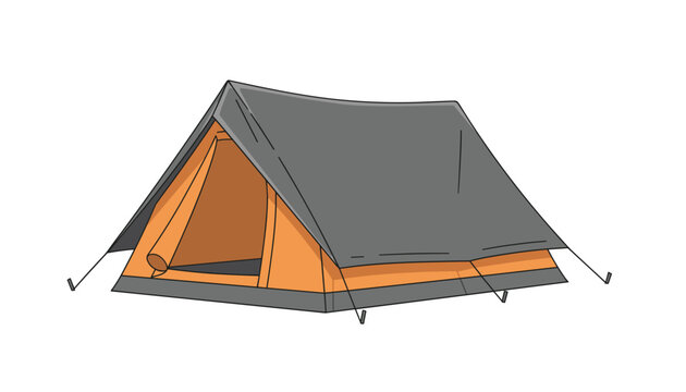 Traditional ridge style camping tent features orange canvas and dark grey rainfly secured with stakes and tension lines.