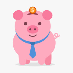 Fototapeta premium Cute pink piggy bank wearing formal blue necktie with gold dollar coin on top. Flat vector illustration for corporate savings, executive banking, financial management, and deposit.